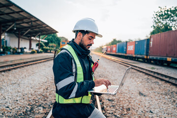 Engineer wearing safety uniform sitting on railway inspection. construction worker on railways. Engineer working on Railway. Rail, engineer, Infrastructure.