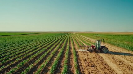 Obraz premium Automated irrigation system in a large crop field, no people, with copy space.