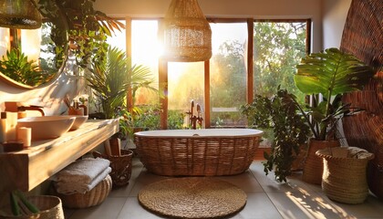 Relaxing bohemian bathroom with rattan accents and lush greenery for a natural feel