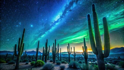 Vibrant green and blue streaks illuminate a pitch-black desert sky, with silhouetted cacti in the foreground, under a celestial display of shooting stars.