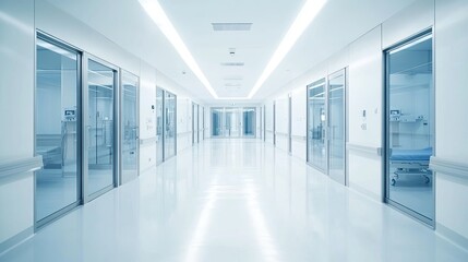 Obraz premium A long, empty hospital corridor with white walls, glass doors, and bright overhead lights.