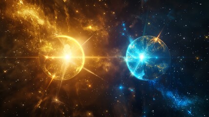 Obraz premium Dramatic Cosmic Encounter Between Glowing Golden and Brilliant Blue Stars In The Vast Universe