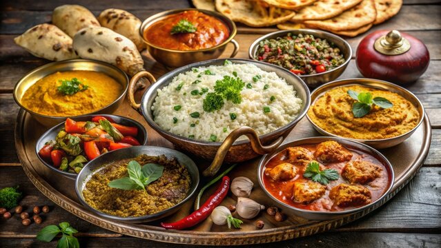Richly flavored and aromatic, a vibrant spread of North Indian delicacies, including basmati rice, naan bread, and