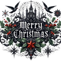 A watercolor graphic design that combines Christmas and Gothic themes. The design should feature Gothic-inspired elements like dark, ornate patterns