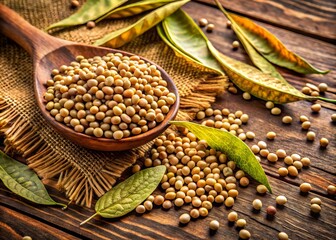 Obraz premium Ripe guar beans scattered on a rustic wooden table, surrounded by dry leaves and earthy tones, evoking a