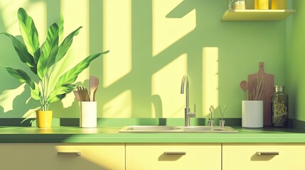 A modern kitchen with a stainless steel sink, wooden utensils, and a plant in a yellow pot. Sunlight streams through the window, casting shadows on the green walls.