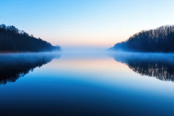 Obraz premium Serene lake surrounded by foggy trees at dawn, reflecting soft hues of blue and orange in calm water, creating a peaceful atmosphere.