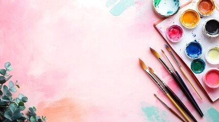 Obraz premium Watercolor Painting Supplies on Pink Background with Eucalyptus