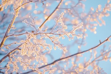 A close-up view of frosted branches glistening in the winter sunlight, providing a serene and magical atmosphere.