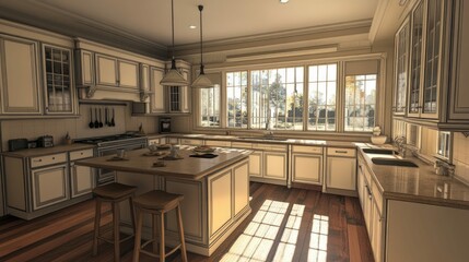 A modern kitchen with white cabinets, a large island, and a window overlooking a backyard.