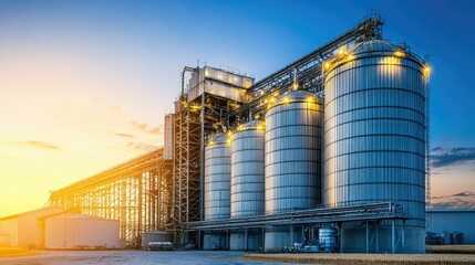 Obraz premium Large silos storing harvested grains, no people, with ample copy space.