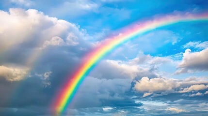 A vibrant rainbow arcs across a bright, cloudy sky, showcasing a spectrum of colors against a serene backdrop.