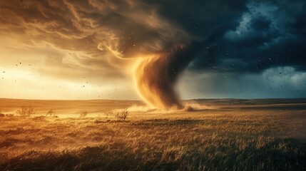 Dramatic tornado forming in a vast landscape under stormy skies at sunset, showcasing the power of nature.