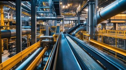 Fototapeta premium Modern grain processing plant with conveyor systems, no people, and copy space