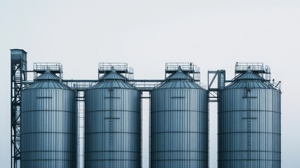 Obraz premium Modern grain silos at an agricultural processing plant, no people, and space for text