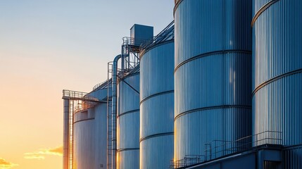 Modern grain silos at an agricultural processing plant, no people, and space for text
