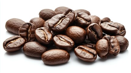 Naklejka premium A pile of roasted coffee beans isolated on a white background.