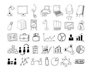 Hand drawn doodle set of business process and work office elements.