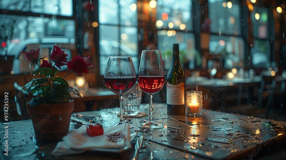 Poster a table with two wine glasses and a bottle of wine