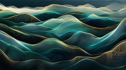 Landscape of Layered Semi-Transparent Waves in Deep Teal, Emerald Green, Cobalt Blue, and Gold