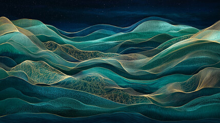 Landscape of Layered Semi-Transparent Waves in Deep Teal, Emerald Green, Cobalt Blue, and Gold