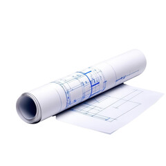 Detailed architectural blueprint rolled up with design plans, ideal for construction and planning projects.