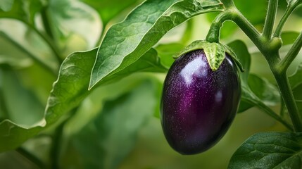  A tight shot of a purple eggplant on a green-leaved plant against a softly blurred backdrop