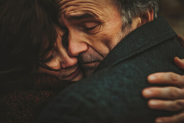 Fototapeta premium A heartfelt image depicting two individuals sharing a deep, emotional embrace, conveying themes of comfort, connection, and affection in a close, intimate moment.