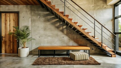 Loft interior design of modern entrance hall with staircase and rustic wooden bench near concrete wall with copy space.
