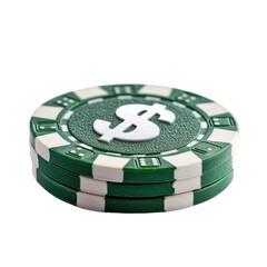 Naklejka premium Stack of green casino chips featuring a dollar sign, symbolizing gambling, betting, and luck in a vibrant gaming environment.