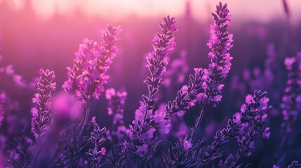 Obraz premium A tight shot of a plant boasting purple blossoms in the foreground, surrounded by a hazy backdrop of trees