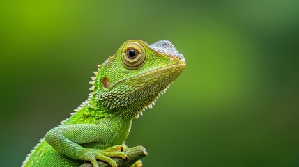 Obraz premium A tight shot of a green lizard perched on a branch against a softly blurred background