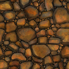 Seamless painted orange stone texture, rocks - wallpaper, pattern. Nature, old wall. Realistic painted texture for game art.