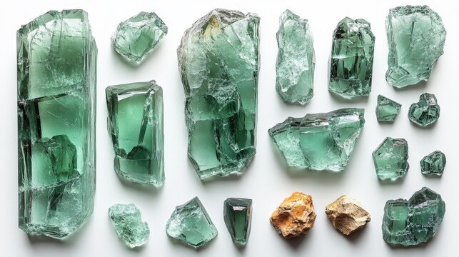 Green Gemstones and Raw Minerals Displayed on a White Background Generative AI - Powered by Adobe