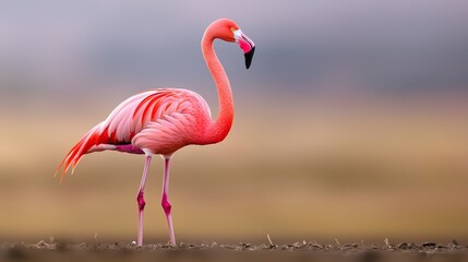 Fototapeta premium A pink flamingo stands in a field, head turned to one side, legs slightly bent