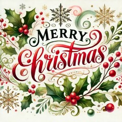 A festive watercolor graphic design featuring Christmas elements. The design includes soft, hand-painted watercolor illustrations of Christmas items