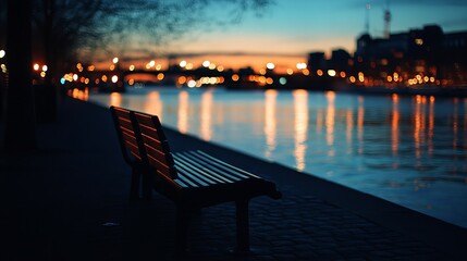 Fototapeta premium Cityscape with Empty Benches at Night, Quiet Urban Scene, City Lights, Tranquil Streets, Peaceful Park, Evening Atmosphere, Urban Night, new beautiful stock image illustration AI