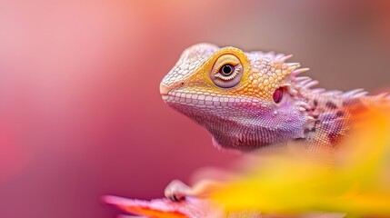 Fototapeta premium A sharp image of a lizard perched on a branch against a softly blurred pink and yellow backdrop