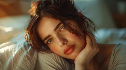 Fototapeta premium Young woman with severe soreness, holding stomach, bedroom setting, anxious look, soft morning light, close-up, warm tones