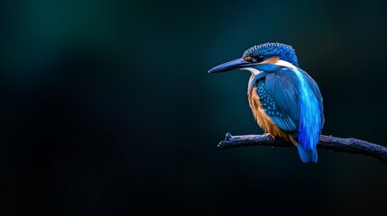  A blue and orange bird perched on a tree branch against a dark backdrop