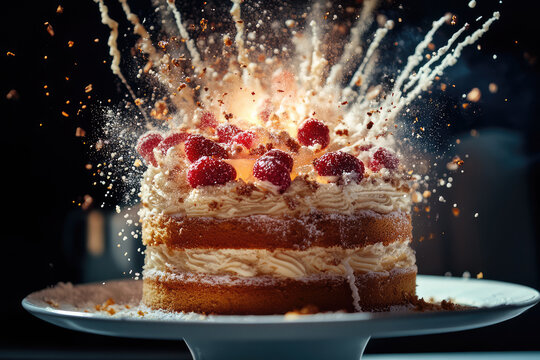 An artistic and dynamic image of a cake topped with raspberries that is seemingly exploding and crumbling apart with scattered crumbs, creating a dramatic visual effect.