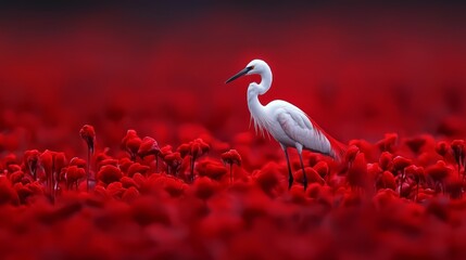  A white bird in a red flower field