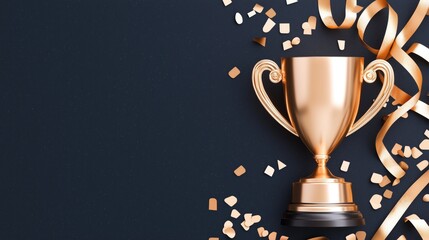 Golden Trophy with Confetti and Ribbons on Dark Background.