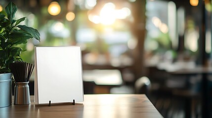 Blank Sign on Wooden Table in Restaurant