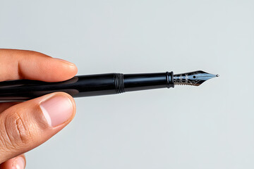 A closeup of a hand holding a fountain pen, with ink on paper, ideal for business or office writing