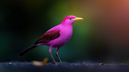 Fototapeta premium A pink bird with a yellow beak stands before a softly blurred backdrop, perched atop a wooden plank