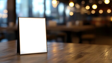 Blank Sign on Wooden Table in Restaurant
