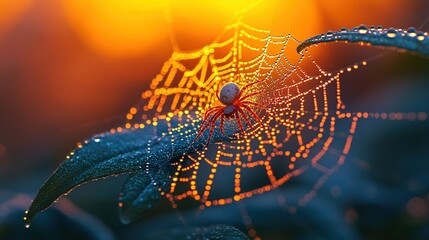 Macro shot of dew on a spider web at dawn