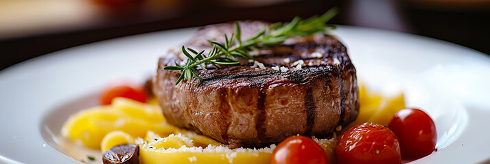 Steaks. Delicious steak served with pasta and potatoes