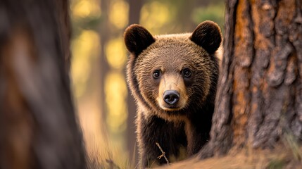 Obraz premium A tight shot of a bear nestled by a tree in a forest, surrounded by an indistinct backdrop of trees and grass